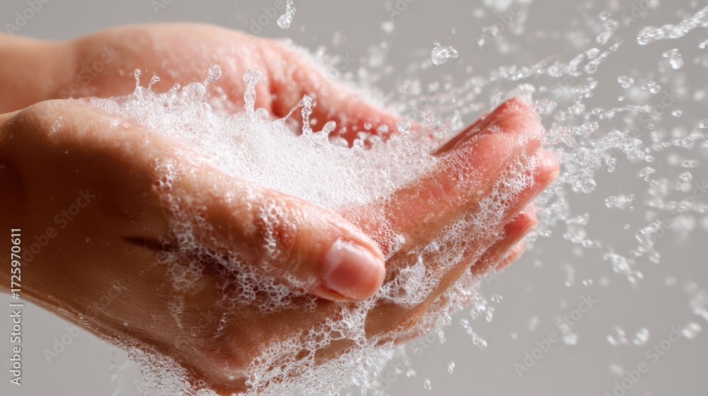 Fototapeta premium Person washing hands, soap foam and clean water splashing, creating bubbles and representing hygiene, virus prevention, cleanliness, and daily protection ritual