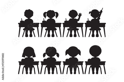 Silhouettes of children sitting at desks in a classroom