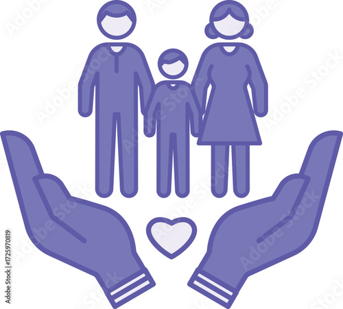 Colored Caring Icon. Vector Illustration. Father, Mother, and Child in Human Hands. Family Social Protection. People Concept