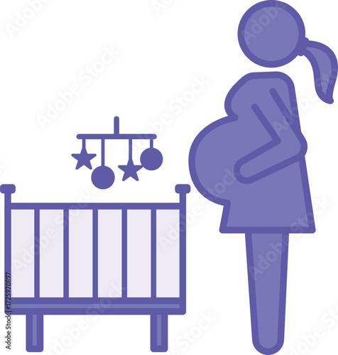 Colored Pregnant Woman Icon. Vector Illustration. Woman with a Big Belly, Baby Crib, and Toys. Expecting a Baby. Family Concept