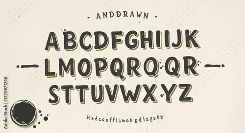 Hand-drawn distressed uppercase alphabet font with a vintage, rustic texture on a light background, featuring ink splatters and a shadow effect.