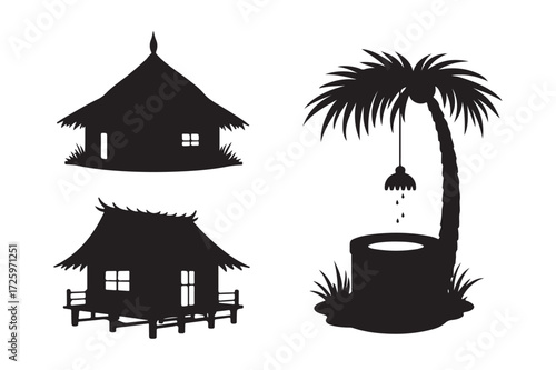 Silhouettes of tropical huts and a well with palm tree