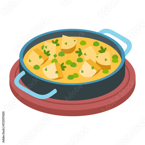 Flat illustration of a delicious Indian paneer curry dish served in a pot on a wooden board, culinary delight