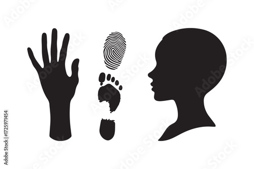 Human identification symbols silhouette of hand fingerprint footprint and profile
