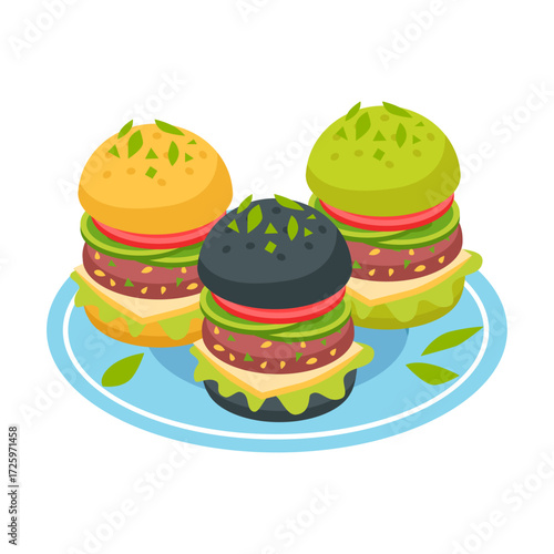 Colorful Vegan Burgers Displayed on a Light Blue Plate, Healthy Eating Concept