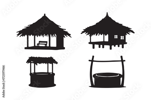 Silhouettes of tropical huts and water wells