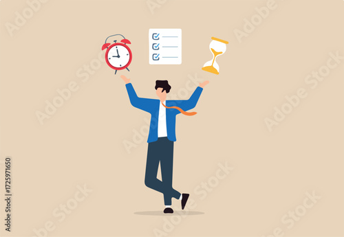 Flat illustration of businessman juggling alarm clock, hourglass, and checklist to manage business time pressure and schedule