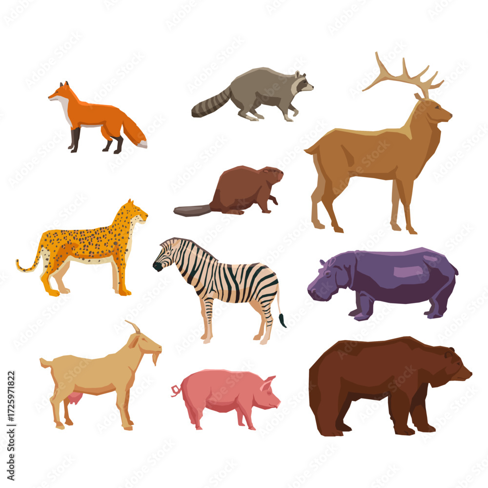 Fototapeta premium A diverse collection of stylized zoo, forest, and farm animal illustrations on a white background