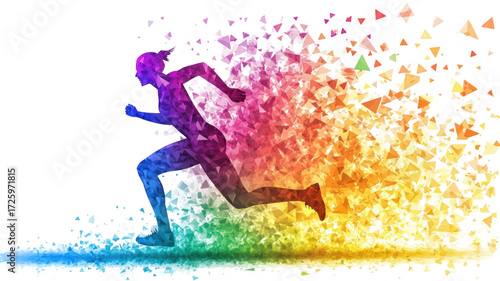 Dynamic running figure dissolving into vibrant colorful particles.
