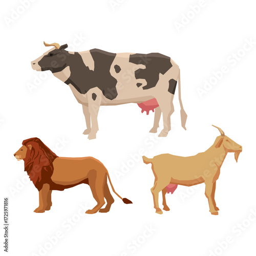 Captivating concept illustration of diverse animal life featuring a farm cow, a wild lion, and a domestic goat