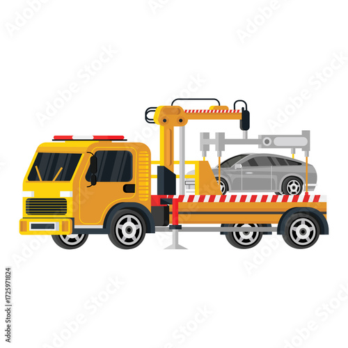 Yellow tow truck vehicle providing roadside assistance and transporting a damaged car concept