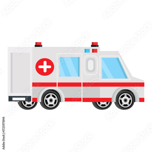Cartoon illustration of an emergency medical services ambulance van with an open back door