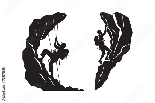 Silhouettes of climbers ascending rugged rock faces