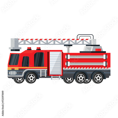 Red fire truck with an extended ladder, flat design vector illustration for emergency services