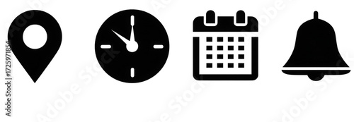 Essential user interface icons for location time date and notification.