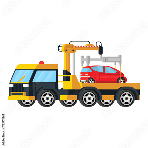 Vector illustration of a yellow flatbed tow truck carrying a red car for roadside assistance