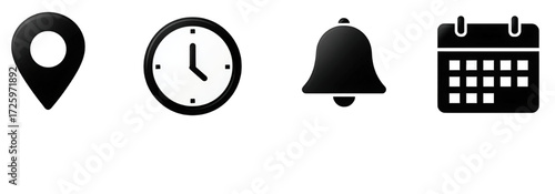 Location pin clock bell and calendar icons isolated on white.
