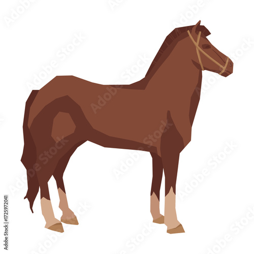 Illustration of a brown horse with a bridle standing on a white background