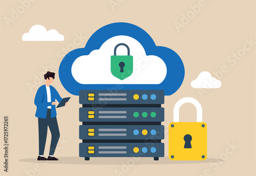 Flat illustration of network administrator securing cloud data storage with encrypted lock symbols