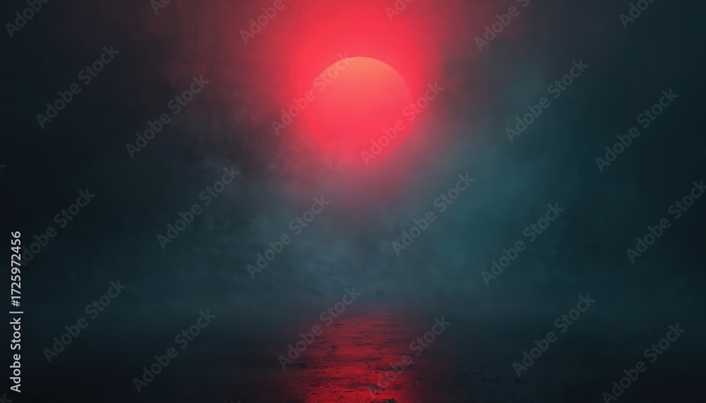 Naklejka premium Mysterious atmospheric gradient background featuring central red glow fading into dark teal, black tones. Smooth, seamless texture with subtle light effects, creating moody, dramatic, modern abstract