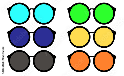 A collection of six pairs of round sunglasses, each with a different colored lens, arranged in two columns.