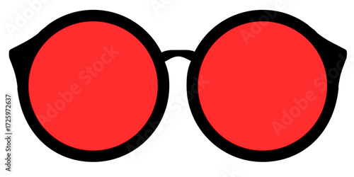 A simple graphic illustration of round sunglasses with vibrant red lenses and black frames.
