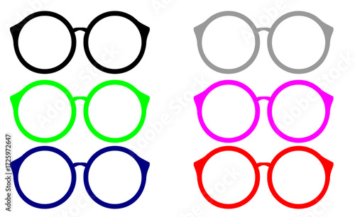 Six pairs of round-framed glasses in various colors, including black, green, blue, grey, pink, and red, arranged in two columns.