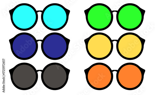 A collection of six pairs of round sunglasses with black frames and different colored lenses on a white background.