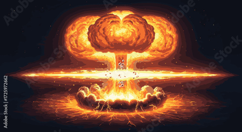 An artistic depiction of a massive nuclear explosion with a mushroom cloud and fiery effects.