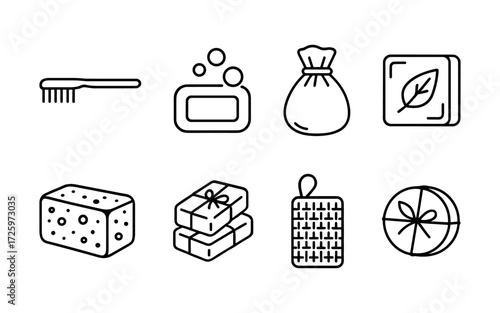 Set of black line icons illustrating personal hygiene and natural body care items.