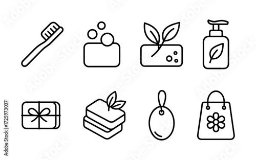 Set of black line icons illustrating personal hygiene and natural body care items.