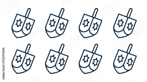 A pattern of eight dreidels with stars of david on a white background in a simple line drawing style