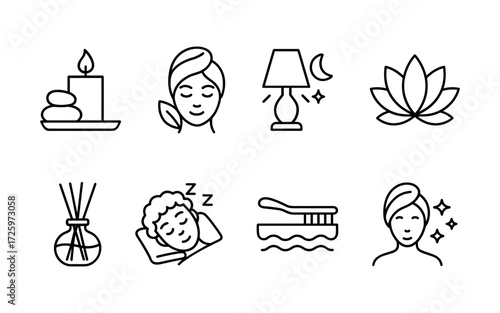 Set of black line icons representing spa relaxation and wellness routine.