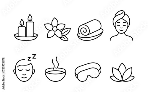 Set of black line icons representing spa relaxation and wellness routine.