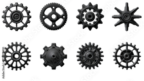 Collection of eight different black industrial gear wheels.