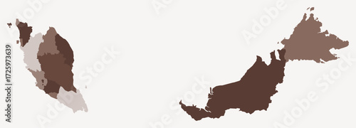 Map of Malaysia with regions. Just a simple country border map with region division. Brown color palette. Blank Malaysia shape with administrative division. Vector illustration.