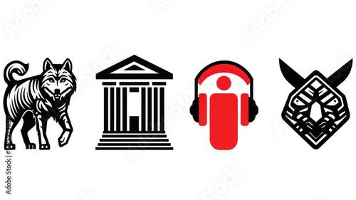Set of Four Diverse Vector Icons Wolf Building Audio and Warrior.