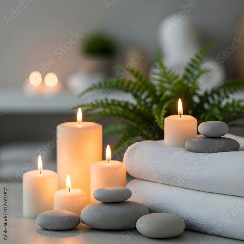 Cozy wellness scene with lit candles, folded towels, spa stones, and green plants, soft ambient lighting, neutral calming tones, ideal for wellness or spa marketing
