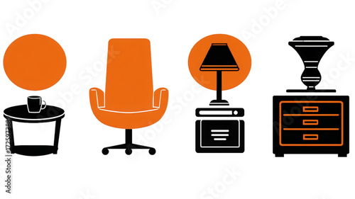 Modern furniture icon set with orange and black silhouettes.
