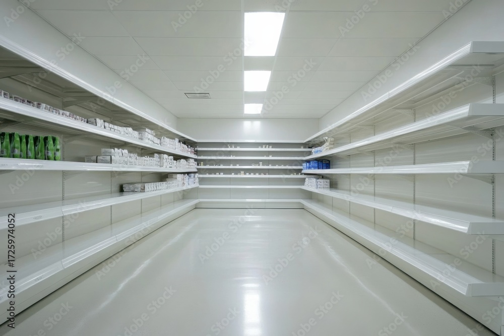 Obraz premium Pharmacy aisle with empty shelves showing medicine scarcity