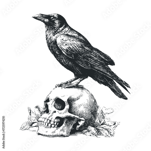 Raven on skull depicting themes of mortality and darkness. Vector black icon