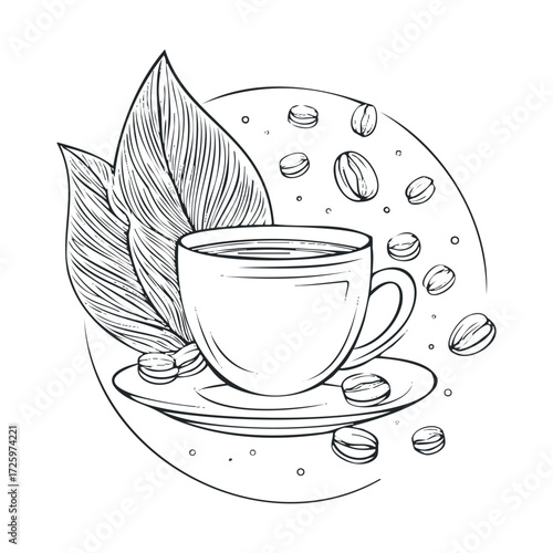 A warm cup of coffee surrounded by coffee beans and leaves. Vector black icon