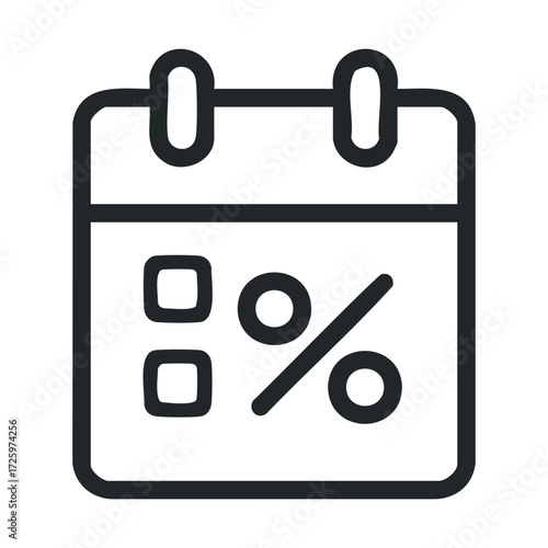Calendar icon design with percentage discount symbols for promotions. Vector black icon