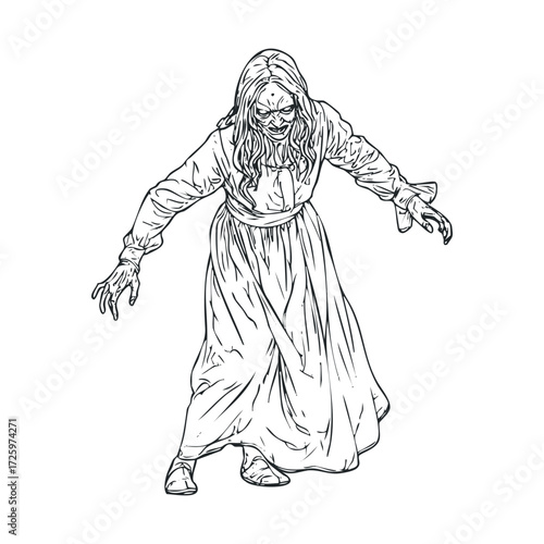 Haunting figure emerging from shadows in eerie setting. Vector black icon