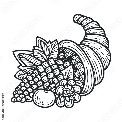 Cornucopia filled with autumn harvest fruits and vegetables. Vector black icon