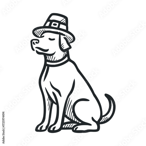 Dog in a festive hat sitting calmly for Thanksgiving celebration. Vector black icon