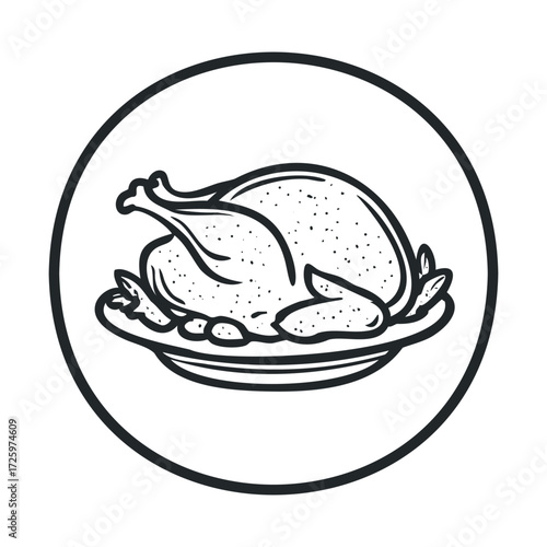 Delicious roasted chicken served on a platter for festive occasions. Vector black icon