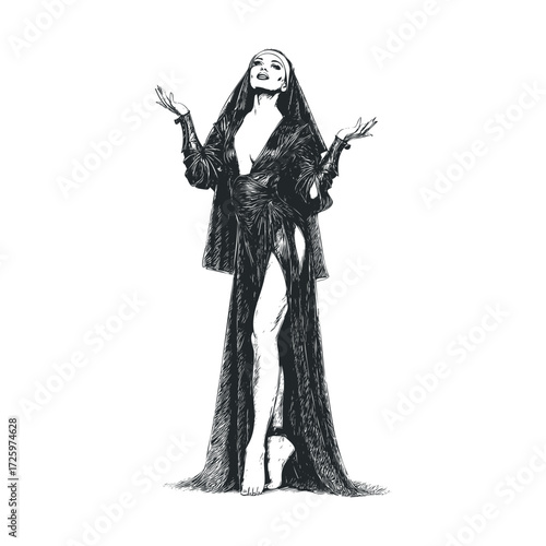 Elegant figure in dramatic attire expressing confidence and poise. Vector black icon