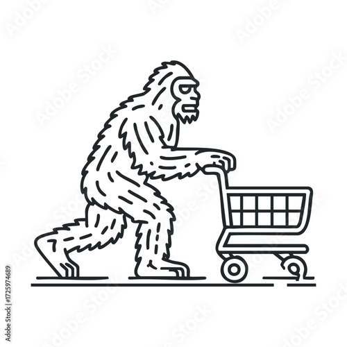Bigfoot shopping for groceries in a humorous cartoon style. Vector black icon