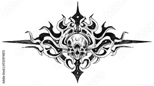 Gothic skull emblem with symmetrical tribal flame design.
